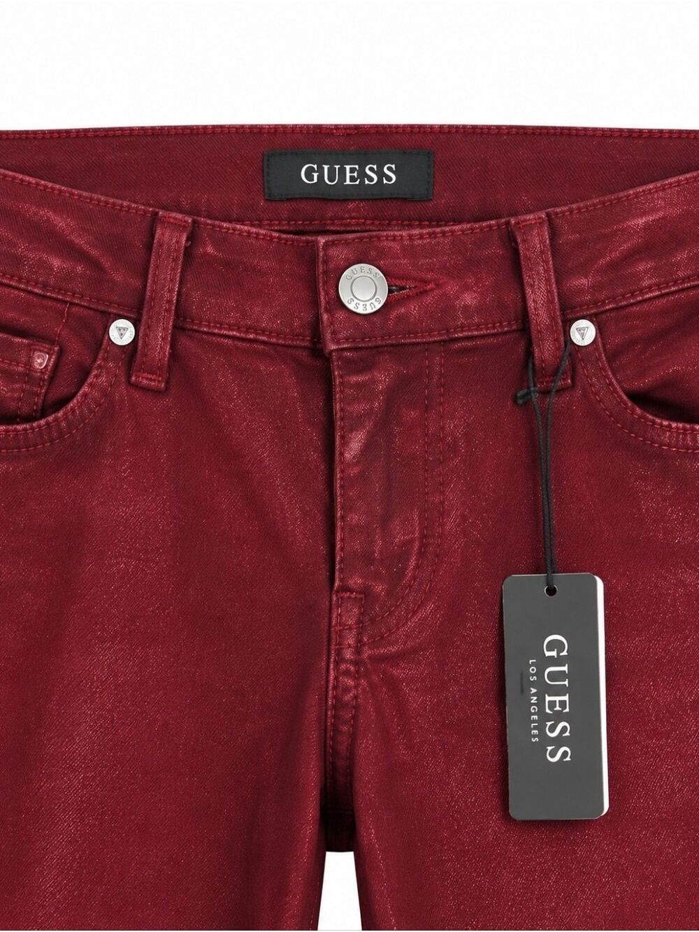 GUESS Sexy Flare Jeans Women 31x30 Tahiti Red Coated Metallic NWT $128 - Picture 10 of 11